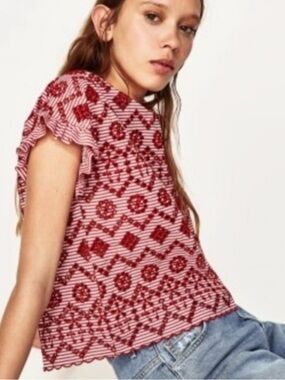 Zara Striped Eyelet Boxy Style Top